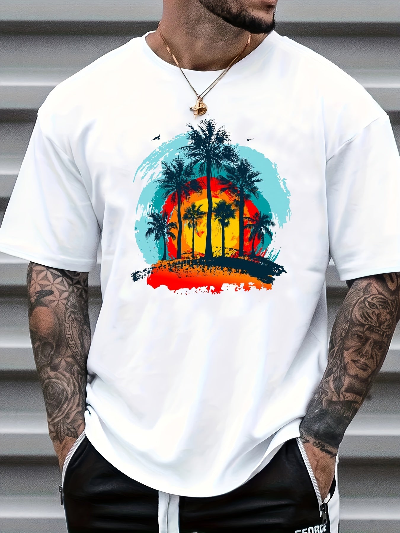 Coconut Palm & Sunset Print Men's Graphic Crew Neck T-shirt