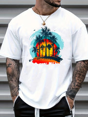 Coconut Palm & Sunset Print Men's Graphic Crew Neck T-shirt