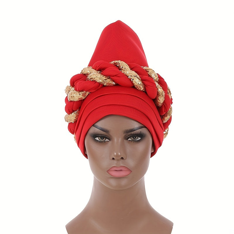 Sequin Red Turban Elastic Head Wrap Pre-tied Ramadan Hijab Women Bandana