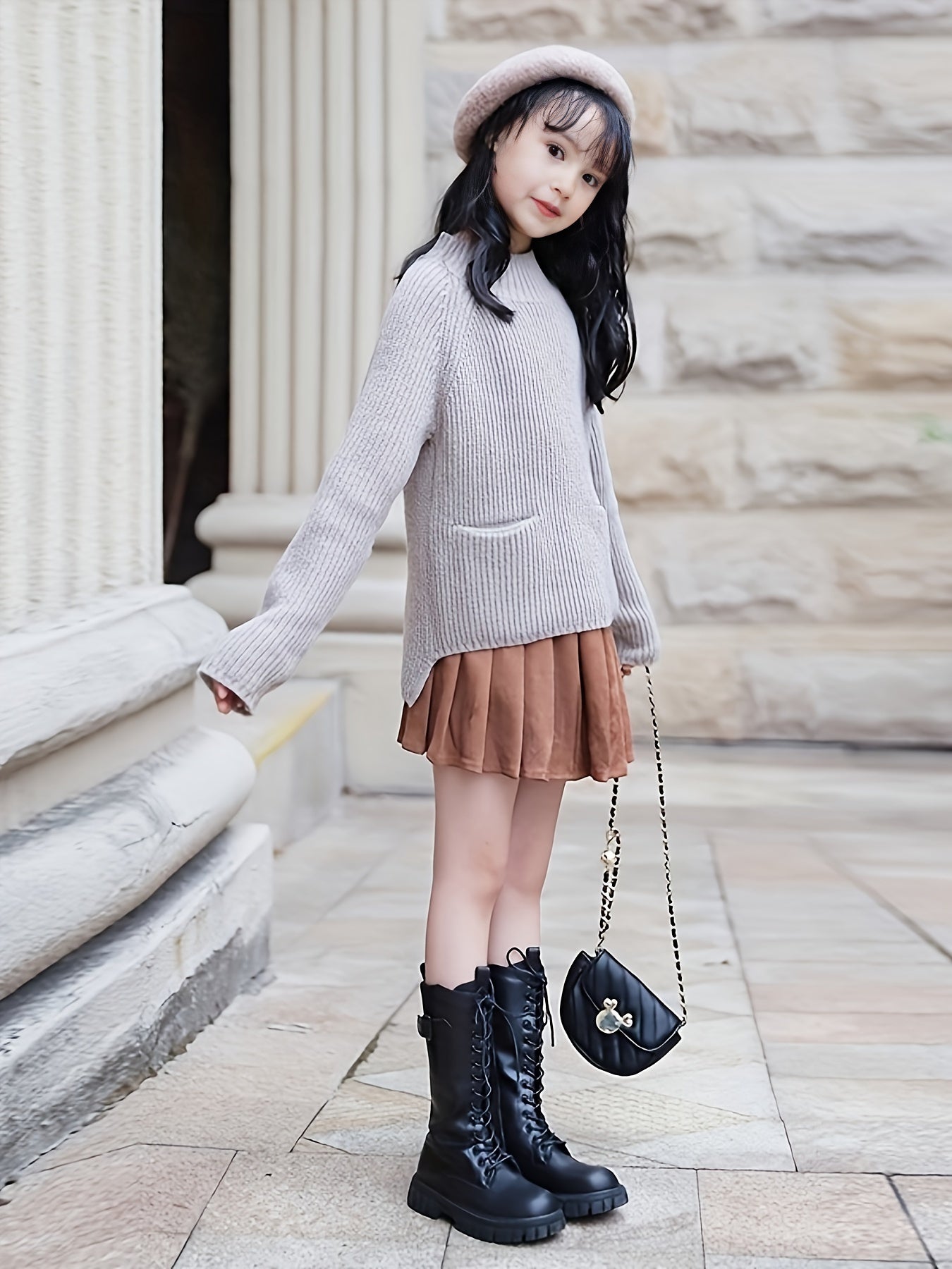 Girls 95 Cotton Ribbed Pullover With Pocket Knitwear