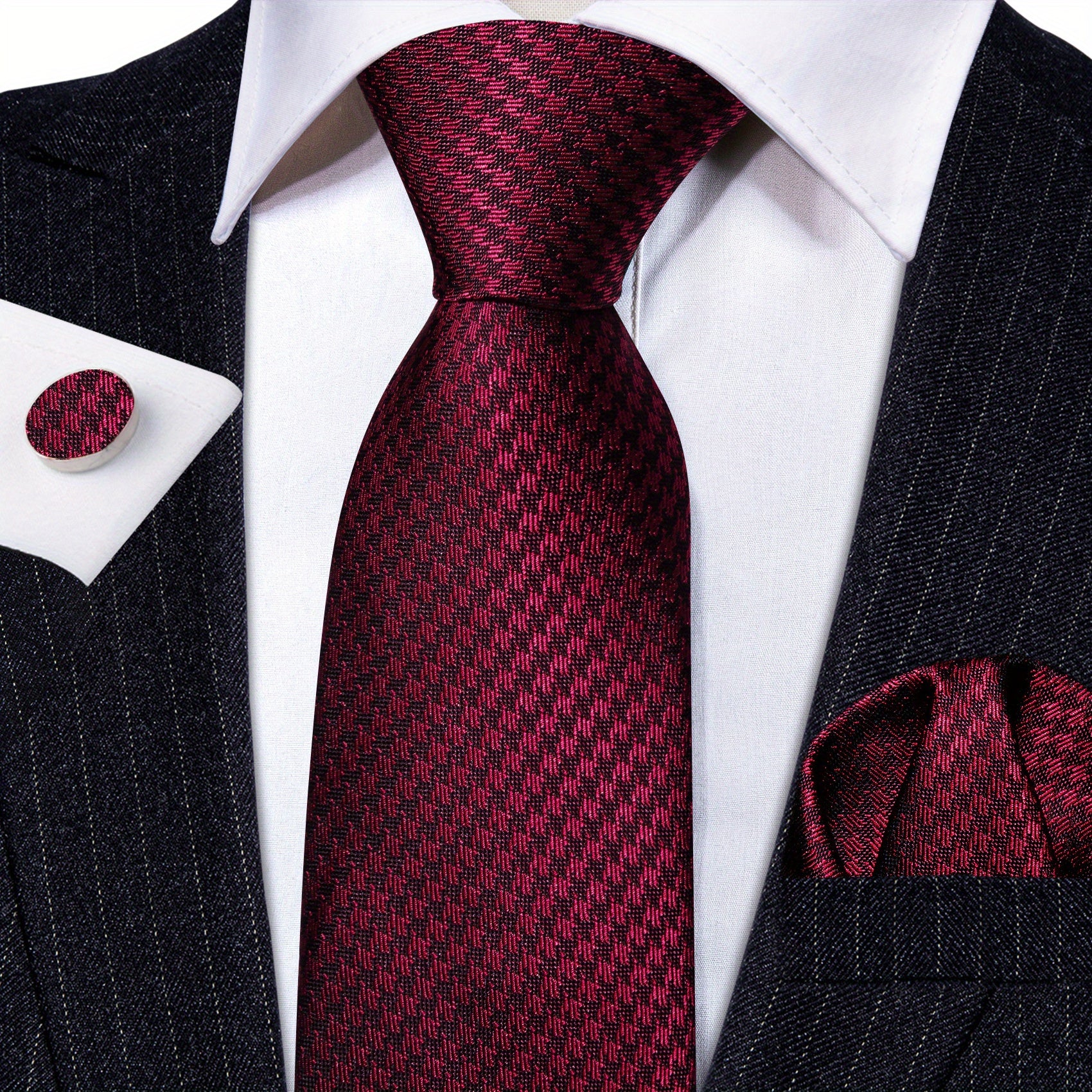 Men's Brown Green Plaid Silk Tie Set