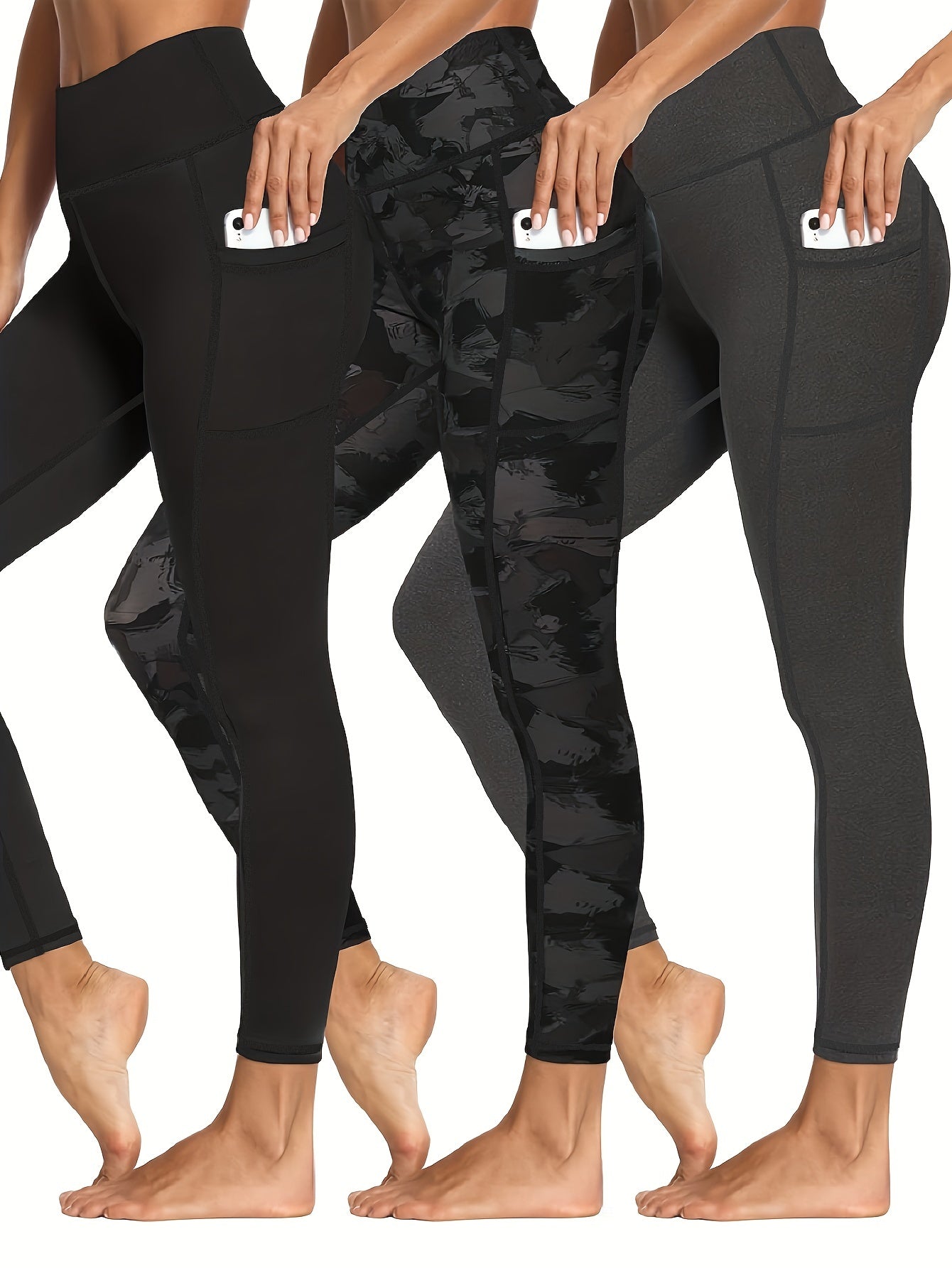 3 Pack Plus Size Sports Leggings Women's Plus Solid Pipping High Stretch