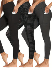 3 Pack Plus Size Sports Leggings Women's Plus Solid Pipping High Stretch