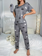 Crown Print Pajama Set Short Sleeve Crew Neck Top Elastic Waistband Pants