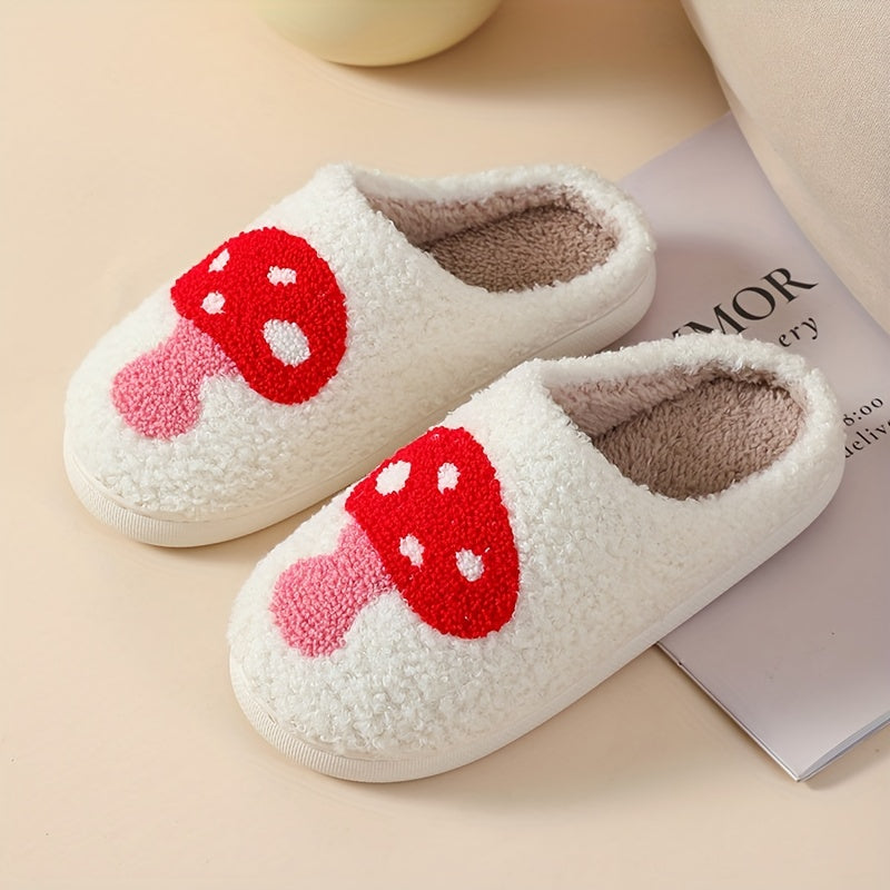 Women's Mushroom Print Fuzzy Slippers Closed Toe Warm Plush Shoes