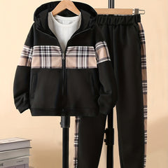 Boys Plaid Hooded Jacket & Patchwork Sweatpants Set