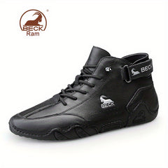 Men's Lace up Boots Casual Leather Walking Shoes With Hook And Loop