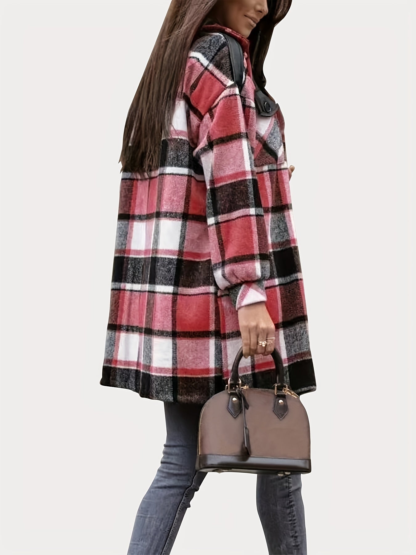 Plaid Print Shacket Jacket Long Sleeve Turn Down Collar Outerwear