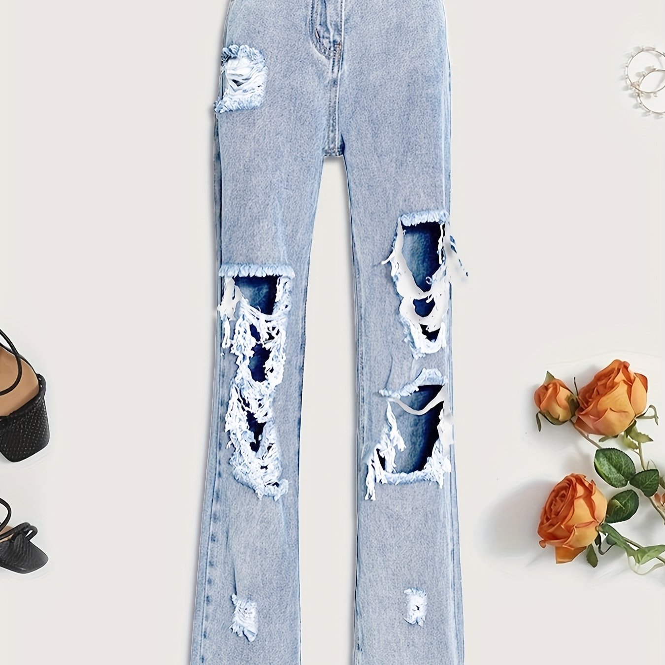 High Waist Distressed Loose Fit Denim Pants Women's Jeans