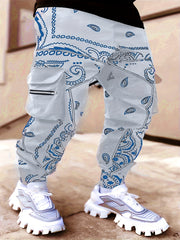 Paisley Pocket Drawstring Loose Cargo Pants Men's Casual Street Style Joggers