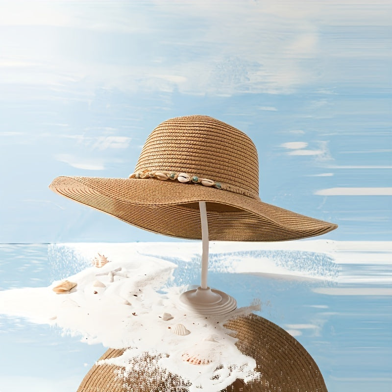 Wide Brim Sun Hat Solid UV Protection Outdoor Straw Hats Resin Shell Decor
