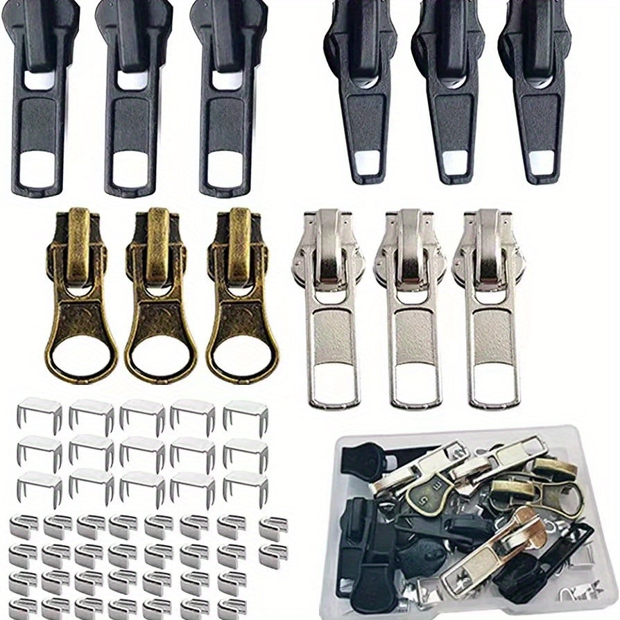 57pc Zipper Repair Kit for Coats Jackets Metal Plastic Nylon Zipper