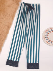 Striped Lace Trim Sleep Bottoms Casual & Comfy Bow Decor Sleep Pants