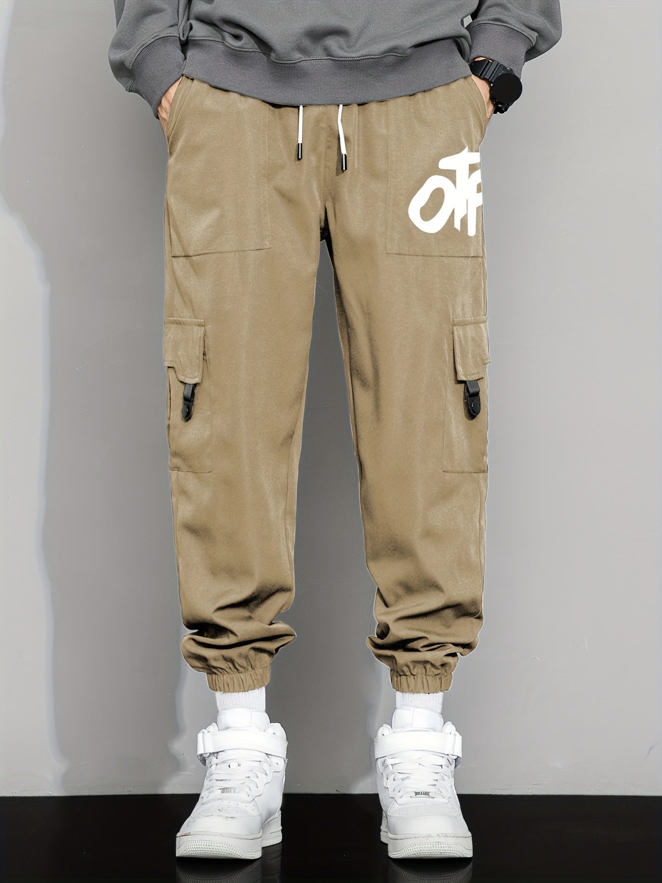 Casual Letter Print Cargo Pants with Drawstring