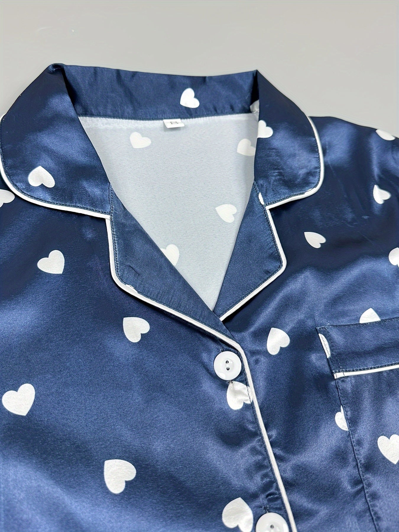 Heart Print Pajama Set Long Sleeve Buttons Top & Elastic Waistband Pants