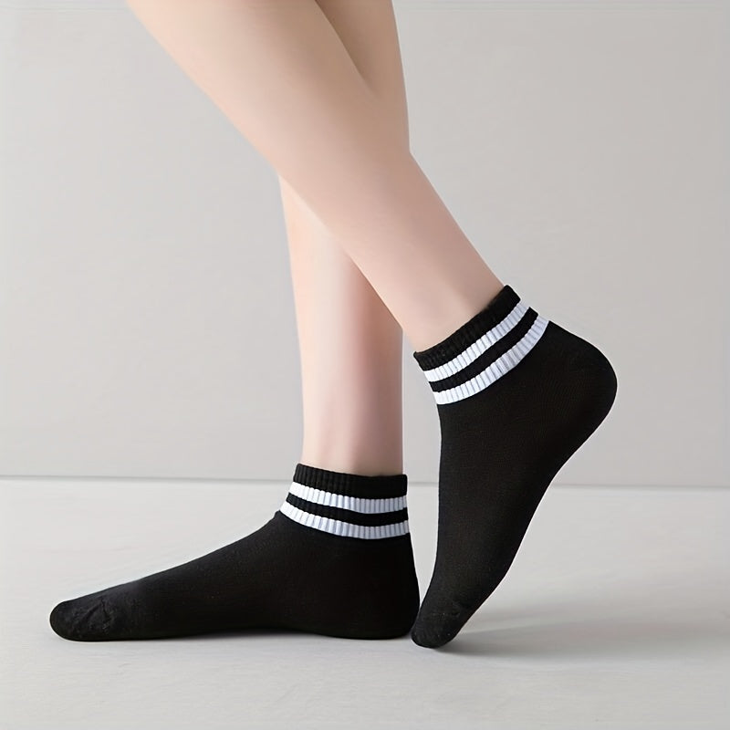5 Pairs Striped Trim Socks Soft & Lightweight Short Socks