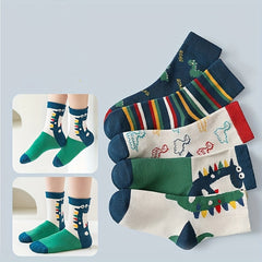5 Pairs Boy's Dinosaur Cartoon Crew Socks Breathable Comfy Casual Style Unisex