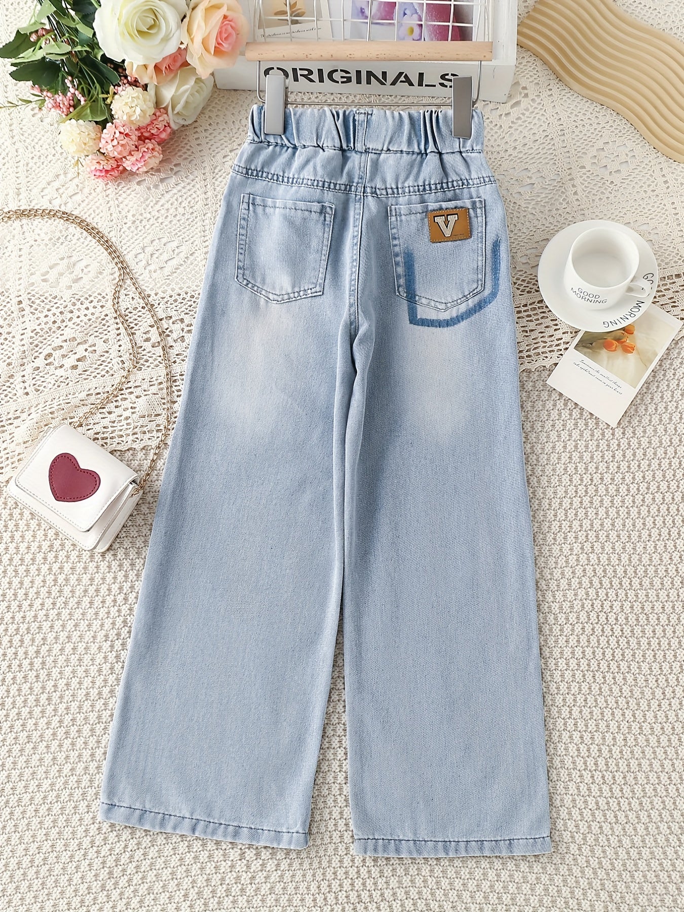 Girls Light Washed Casual Jeans Straight Leg Elastic Waist Denim Pants