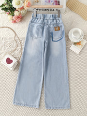 Girls Light Washed Casual Jeans Straight Leg Elastic Waist Denim Pants