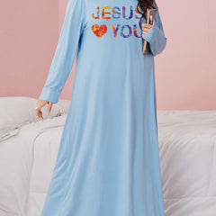 Ombre Slogan Print Long Sleeve Nightdress