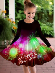Girls Casual Firework Graphic Long Sleeve Dress