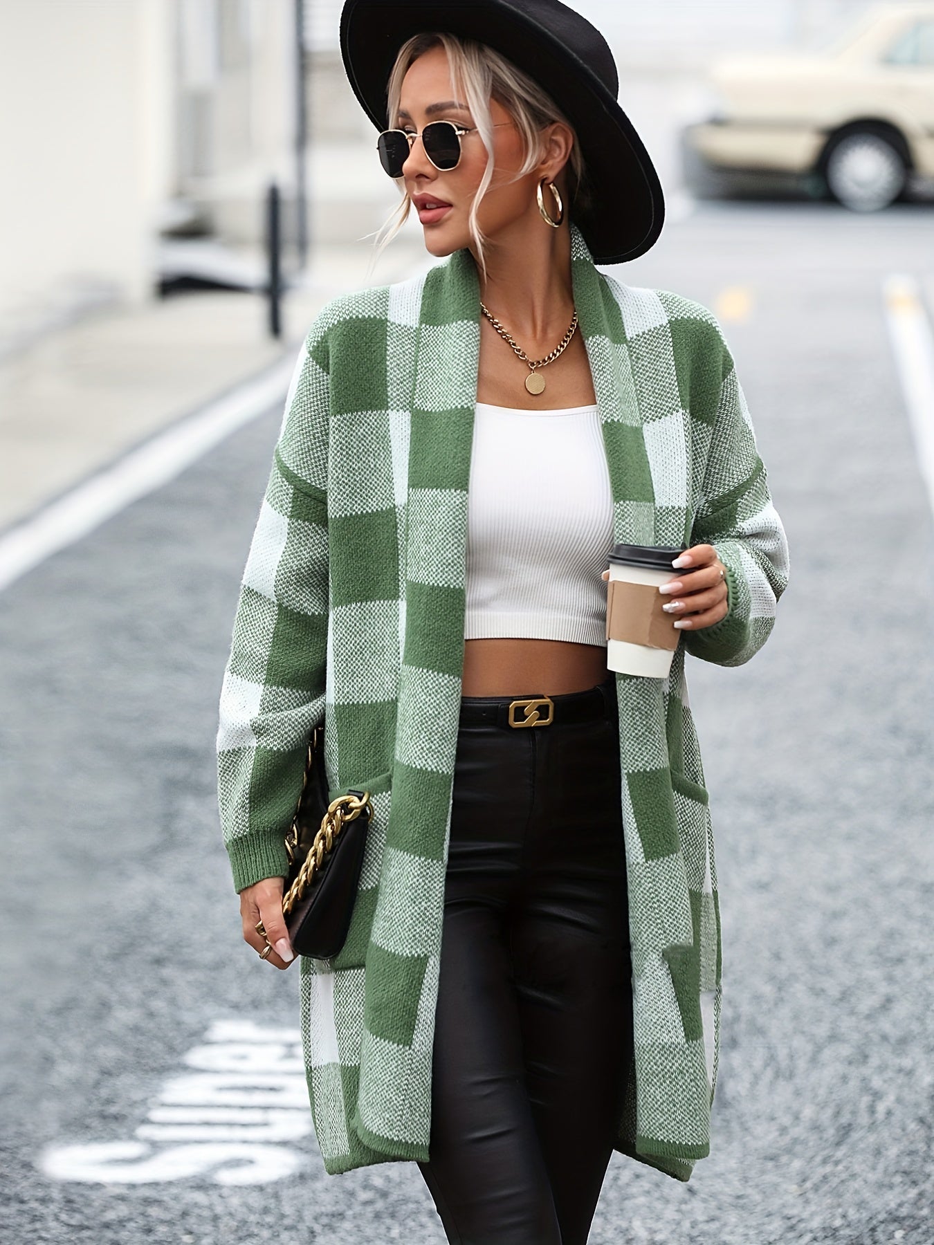 Gingham Print Open Front Cardigan