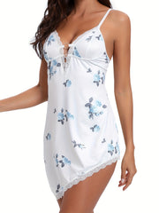 Floral Print Slip Lounge Dress Hollow Out Deep V Lace Trim Home Dress