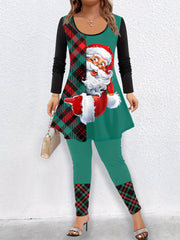 Plus Size Santa Claus & Plaid Print Peplum Top & Leggings 2PC Set