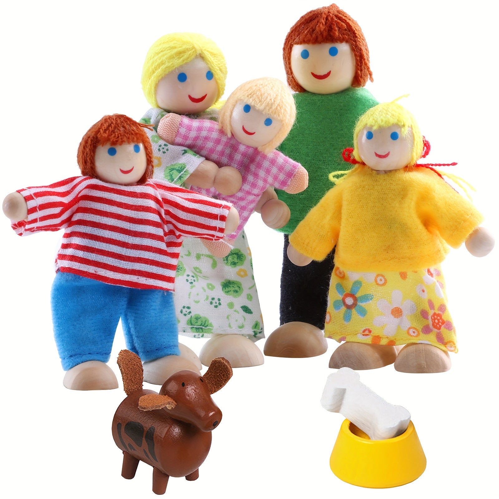 Wooden Dollhouse Family Set with Realistic Clothes for Kids Pretend Play