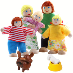 Wooden Dollhouse Family Set with Realistic Clothes for Kids Pretend Play