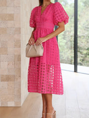 Windowpane Solid Lantern Sleeve Midi Dress