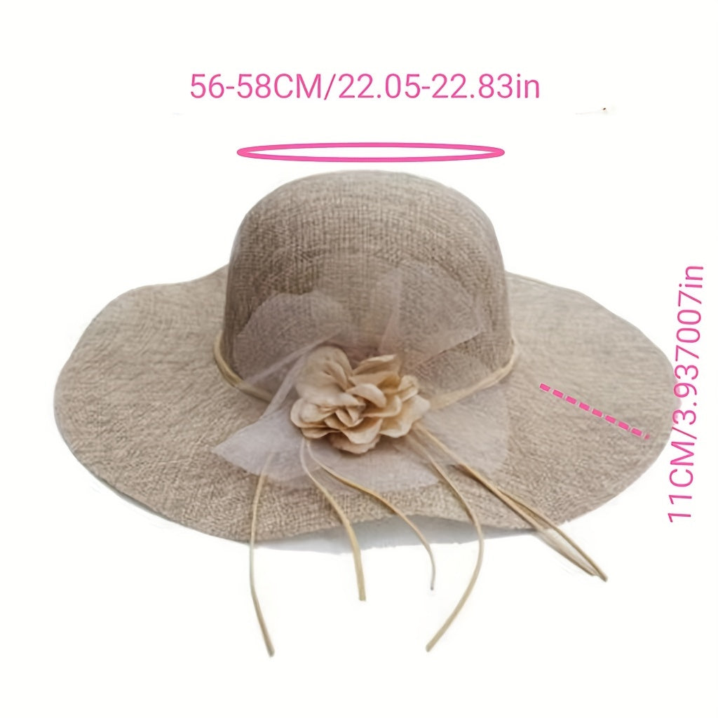 Floppy Mesh Breathable Sun Hat Flower Decor Solid Bucket Hat