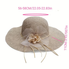 Floppy Mesh Breathable Sun Hat Flower Decor Solid Bucket Hat