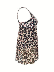 Leopard Print Layered One Piece Swimsuit Plus Size Women's High Stretch Swimsuit