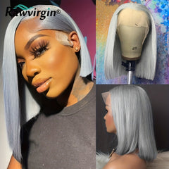Silvery Gray 130 Density Straight 13 4 Lace Front Human Hair Wig