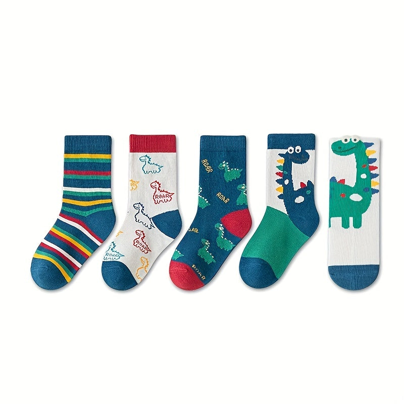 5pcs Kids Boys Dinosaur Striped Cotton Mid Tube Socks