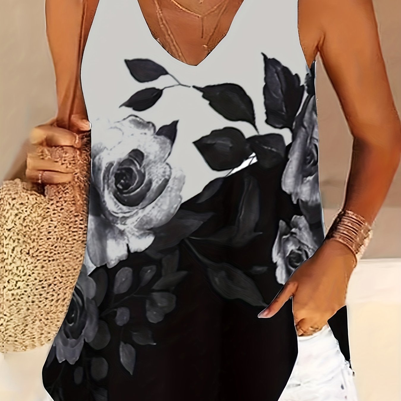 Floral Print V Neck Tank Top Sleeveless Casual Summer Women's Top