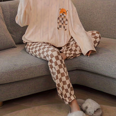 Cartoon Print Pajama Set Crew Neck Top & Plaid Pants