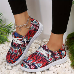 Women's Printed Canvas Shoes Lace Up Loafers Casual Walking Flats