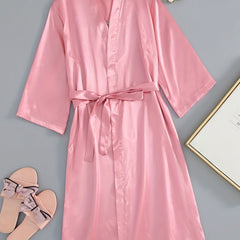 Letter Embroidery Satin Night Robe With Belt Women's Sleepwear