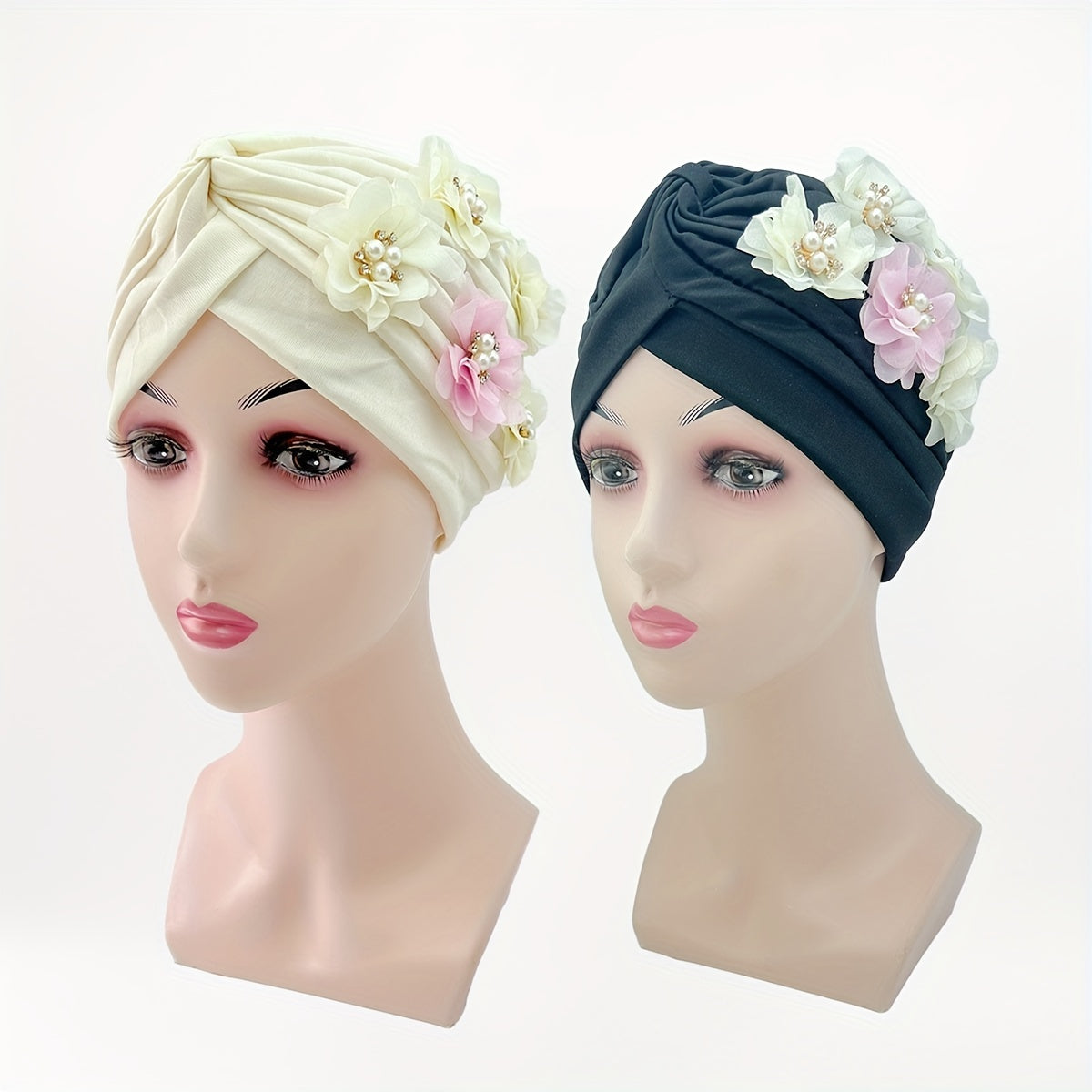 Faux Pearl Flower Turban Beige Head Wrap Ramadan Hijab Hat Chemo Cap