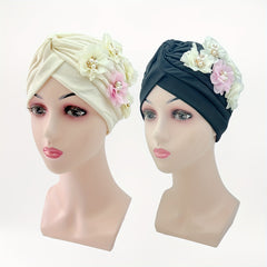 Faux Pearl Flower Turban Beige Head Wrap Ramadan Hijab Hat Chemo Cap
