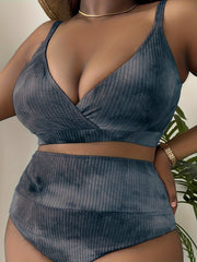 Tie Dye Ribbed V Neck 2 Piece Bathing Suit Set