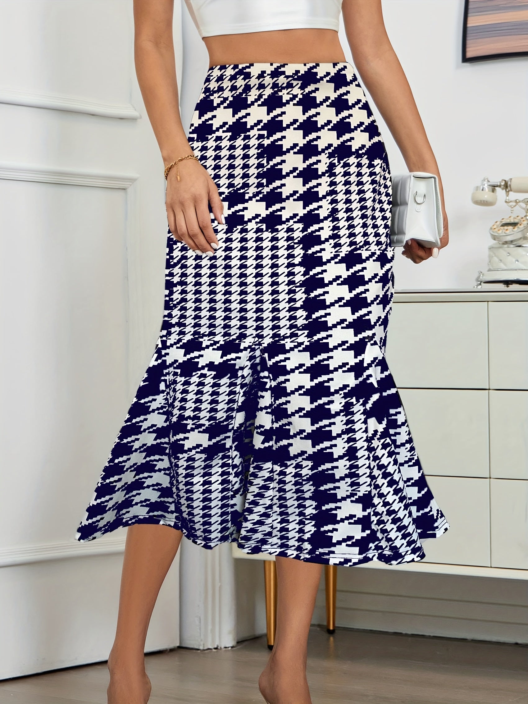 Plaid High Waist Bodycon Skirt Ruffle Trim Skirt