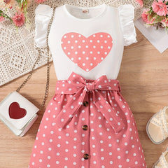 2pcs Toddler Girls Butterfly Sleeves Polka Dot Heart Top & Skirt Set