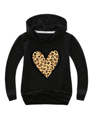 Leopard Print Heart Pattern Hooded Sweatshirt for Girls Sports