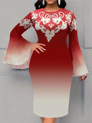 Women's Plus Ombre & Floral Print Bell Sleeve Round Neck Slim Fit Midi Dress