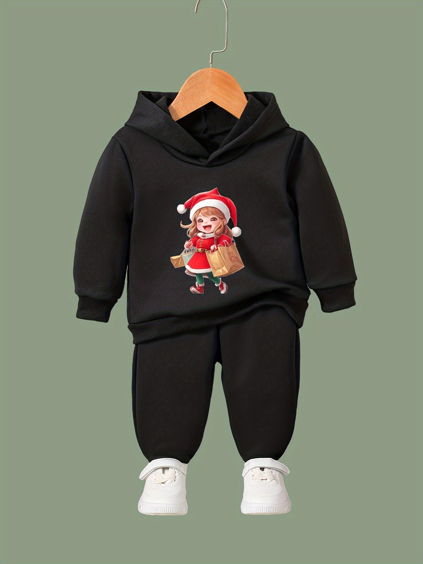 Girls Cartoon Shopping Girl Hooded Sweatshirt Top Sweatpants Set