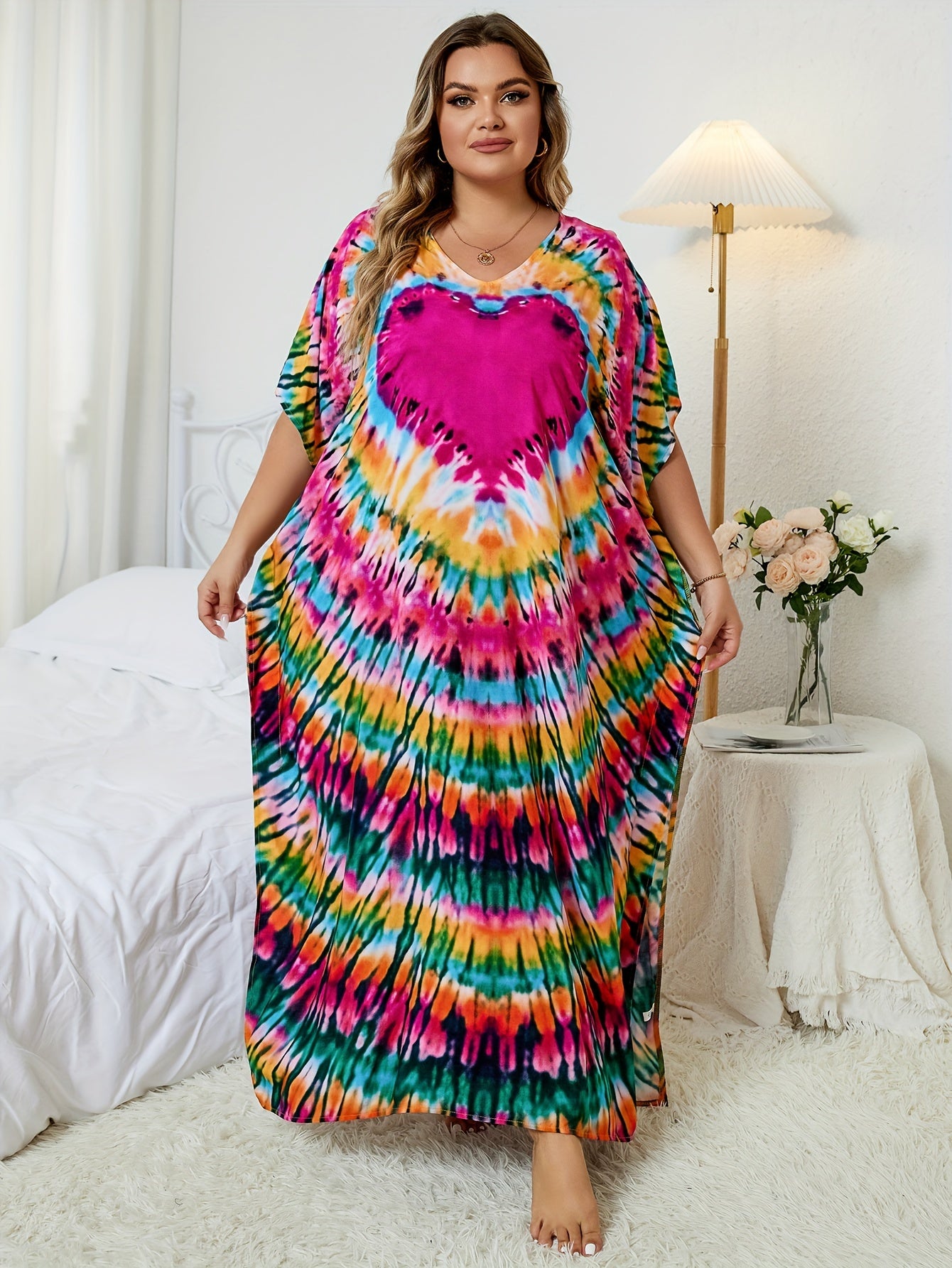 Boho Cover Up Women's Plus Tie Dye Print Split Maxi Beach Cover Up