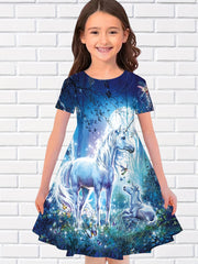 Girls Summer 3D Animal Long Dress Short Sleeve Princess Dress